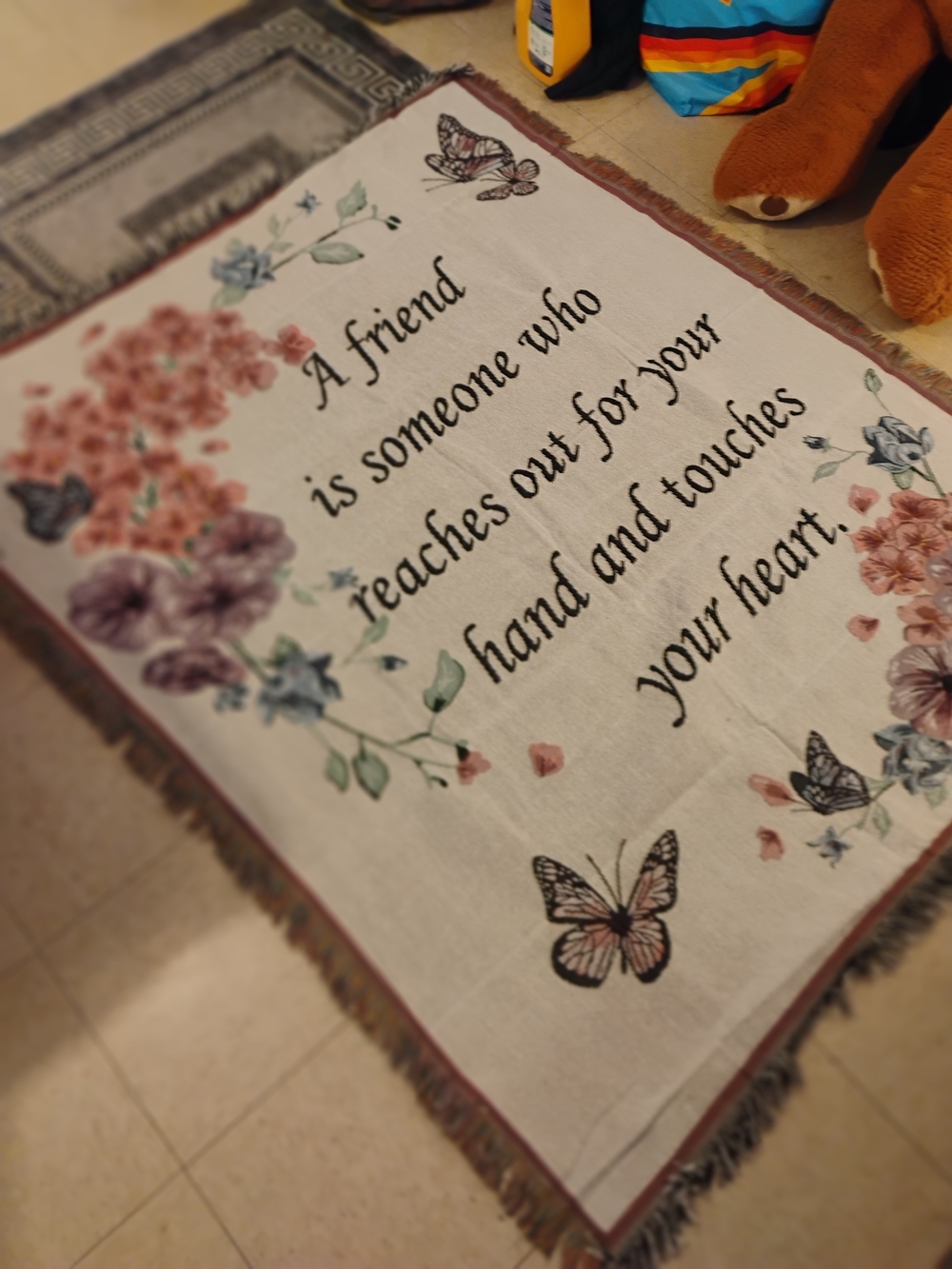 Floral Butterfly Friend Throw Blanket - White and Pink